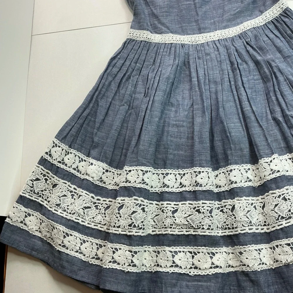 Kaisely Blue Chambray Lace Trim Open Back Dress Kids Size 10 Cottagecore Boho